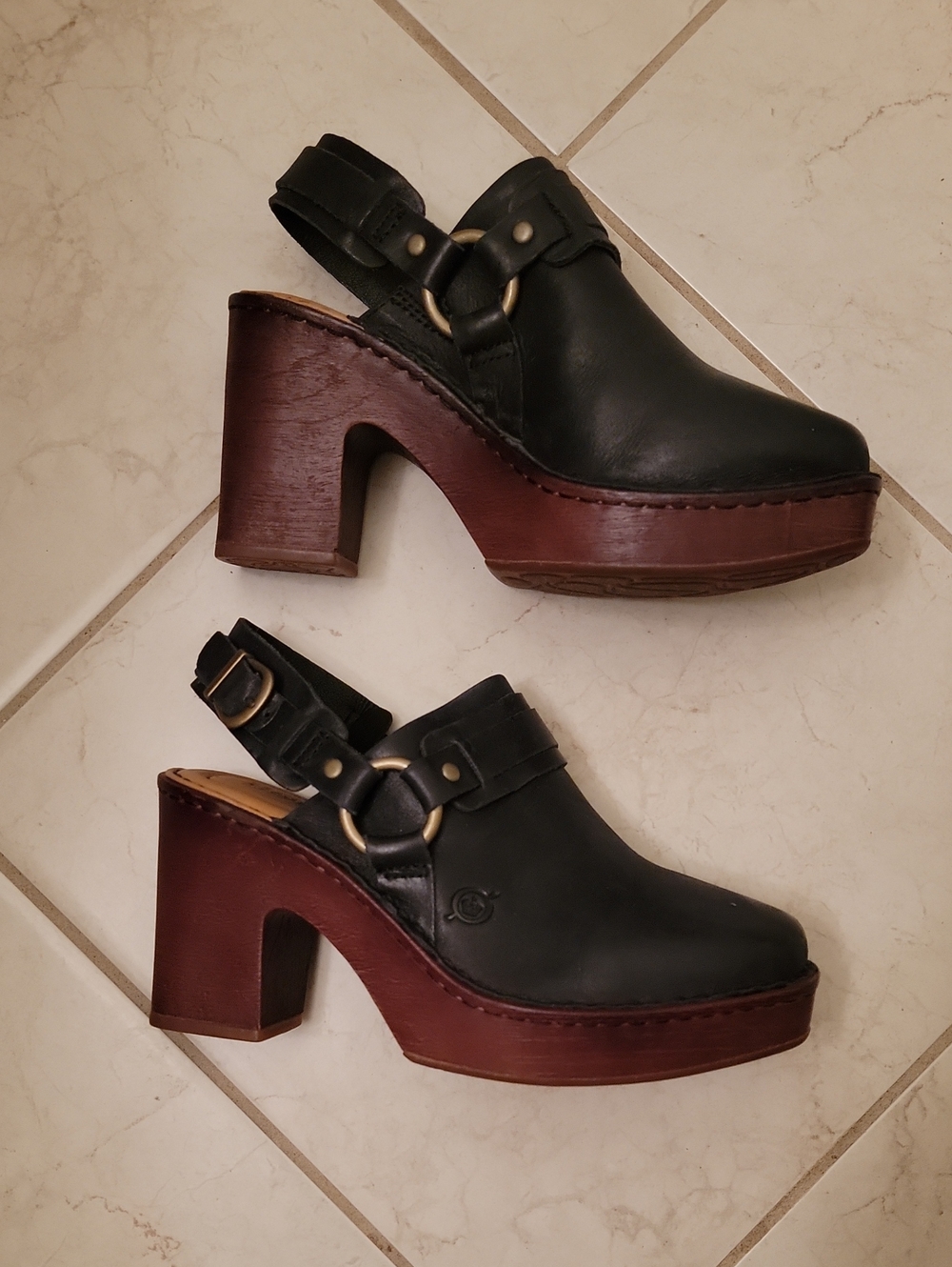 Born Black Leather Slingback Clogs with Brown Wood Platform